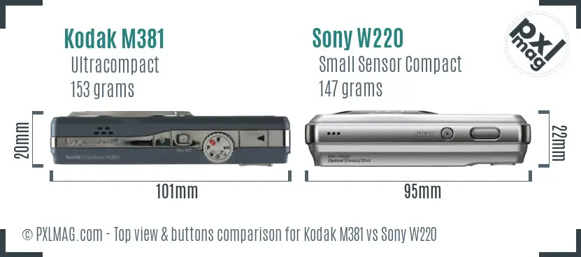 Kodak M381 vs Sony W220 top view buttons comparison