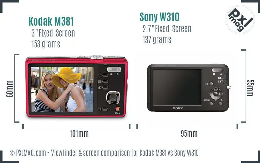 Kodak M381 vs Sony W310 Screen and Viewfinder comparison