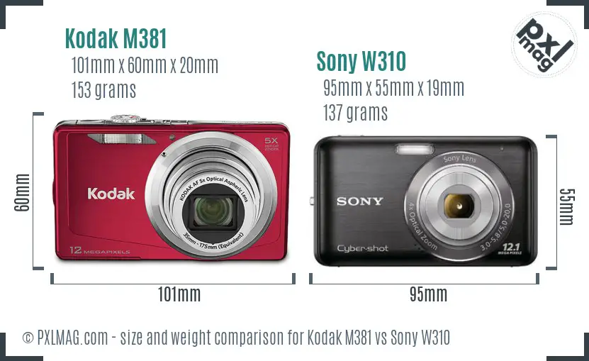 Kodak M381 vs Sony W310 size comparison