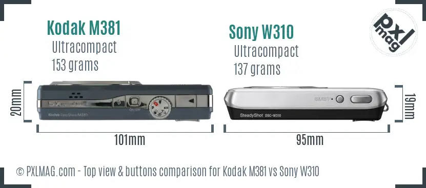 Kodak M381 vs Sony W310 top view buttons comparison