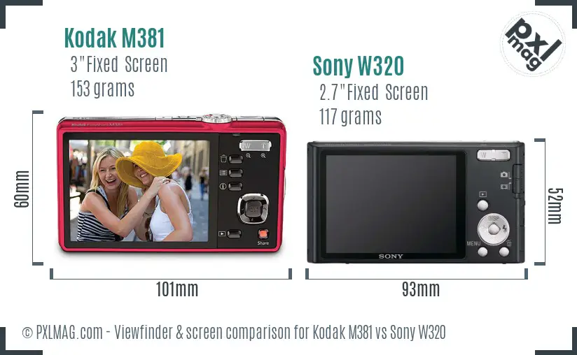 Kodak M381 vs Sony W320 Screen and Viewfinder comparison