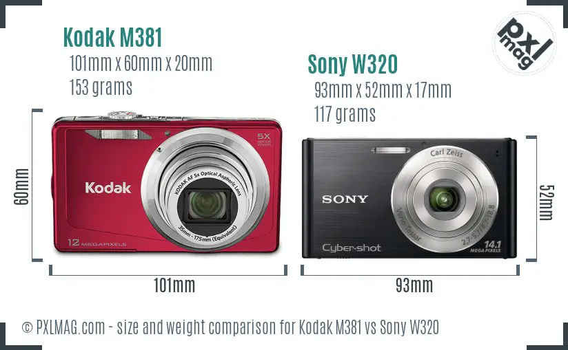 Kodak M381 vs Sony W320 size comparison