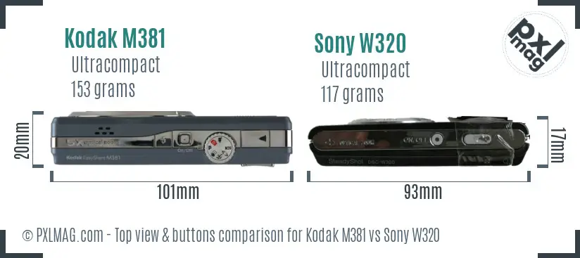 Kodak M381 vs Sony W320 top view buttons comparison