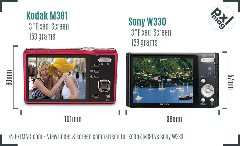 Kodak M381 vs Sony W330 Screen and Viewfinder comparison