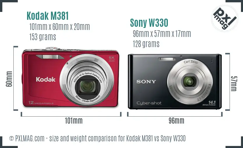 Kodak M381 vs Sony W330 size comparison