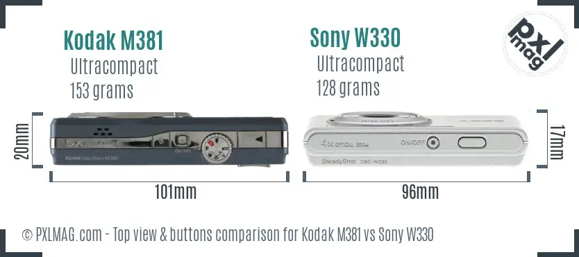 Kodak M381 vs Sony W330 top view buttons comparison