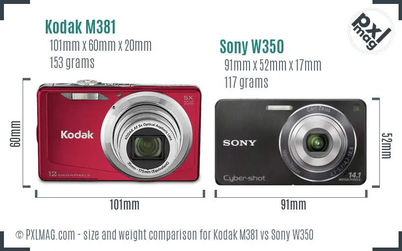 Kodak M381 vs Sony W350 size comparison