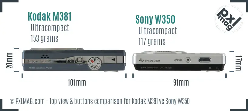 Kodak M381 vs Sony W350 top view buttons comparison