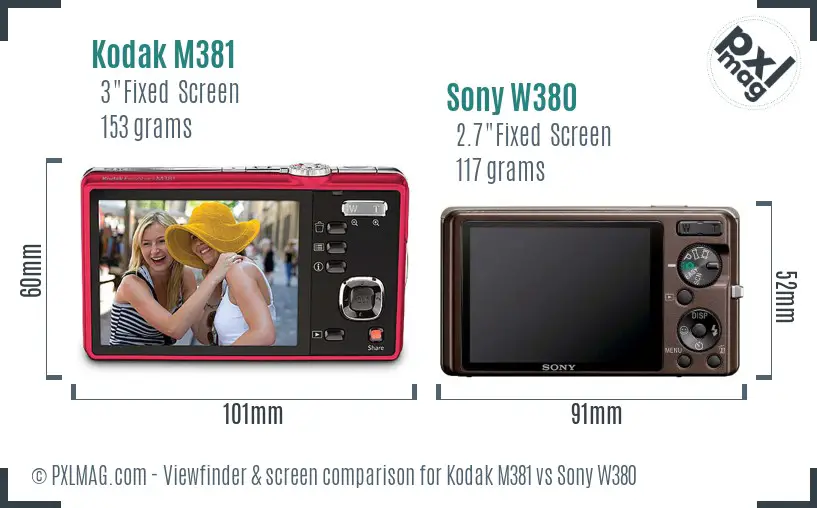 Kodak M381 vs Sony W380 Screen and Viewfinder comparison