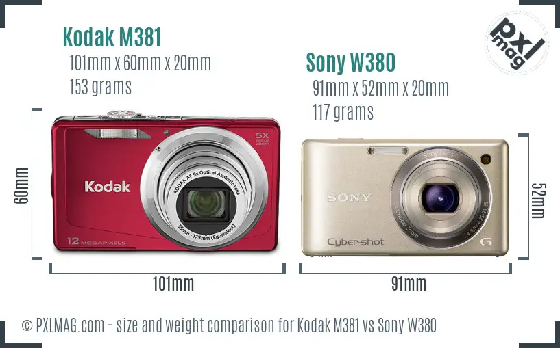 Kodak M381 vs Sony W380 size comparison