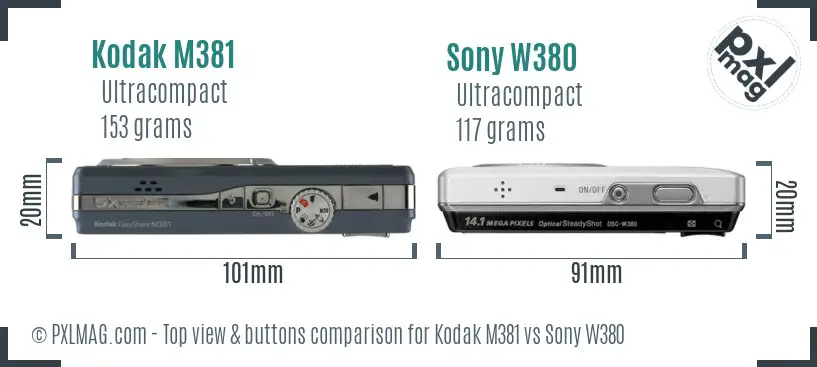 Kodak M381 vs Sony W380 top view buttons comparison