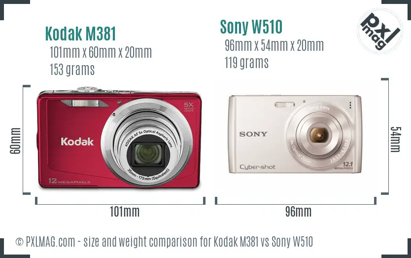 Kodak M381 vs Sony W510 size comparison