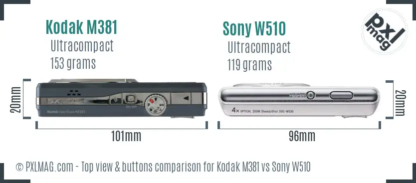 Kodak M381 vs Sony W510 top view buttons comparison