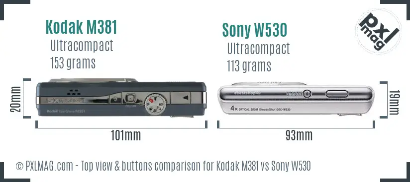 Kodak M381 vs Sony W530 top view buttons comparison Kodak M381 vs Sony W530 top view buttons comparison
