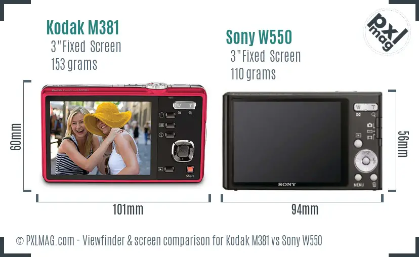 Kodak M381 vs Sony W550 Screen and Viewfinder comparison