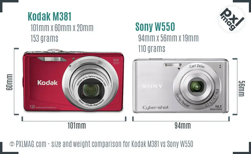 Kodak M381 vs Sony W550 size comparison