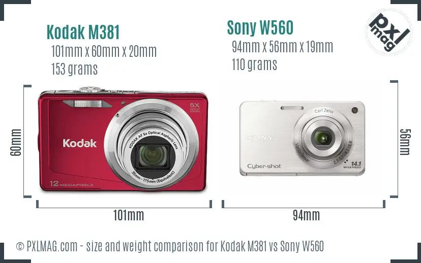 Kodak M381 vs Sony W560 size comparison