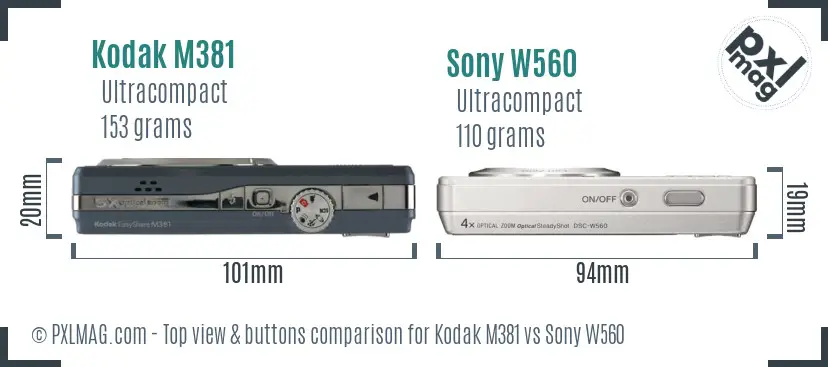 Kodak M381 vs Sony W560 top view buttons comparison
