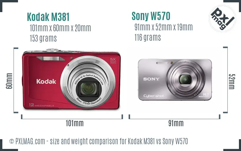 Kodak M381 vs Sony W570 size comparison