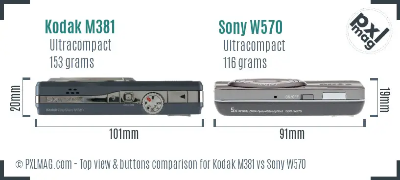 Kodak M381 vs Sony W570 top view buttons comparison
