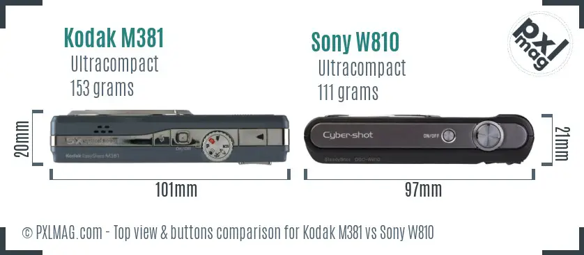 Kodak M381 vs Sony W810 top view buttons comparison