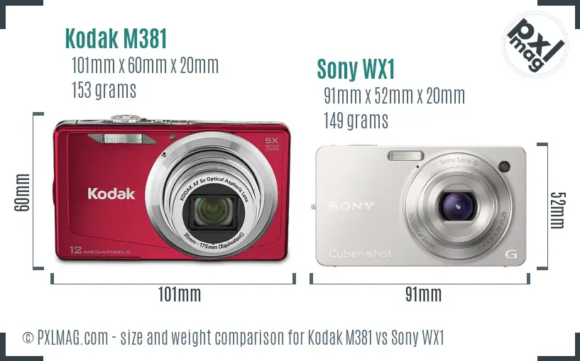 Kodak M381 vs Sony WX1 size comparison