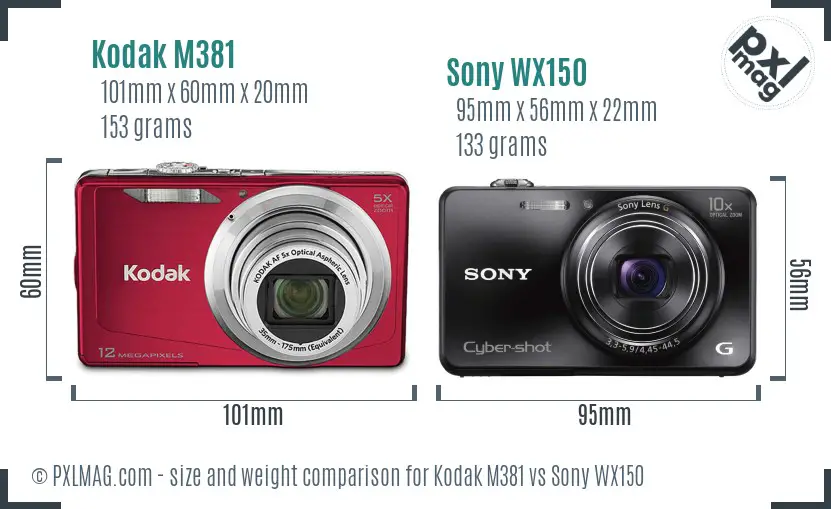 Kodak M381 vs Sony WX150 size comparison