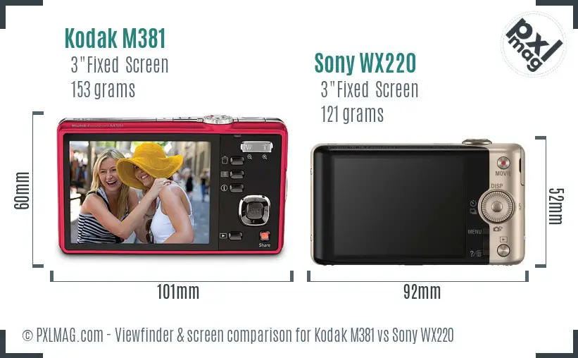 Kodak M381 vs Sony WX220 Screen and Viewfinder comparison