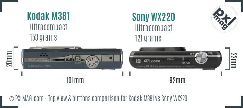 Kodak M381 vs Sony WX220 top view buttons comparison