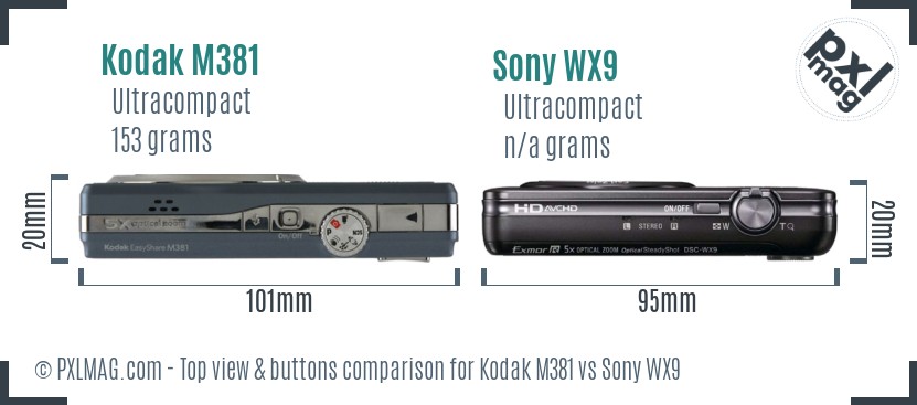 Kodak M381 vs Sony WX9 top view buttons comparison