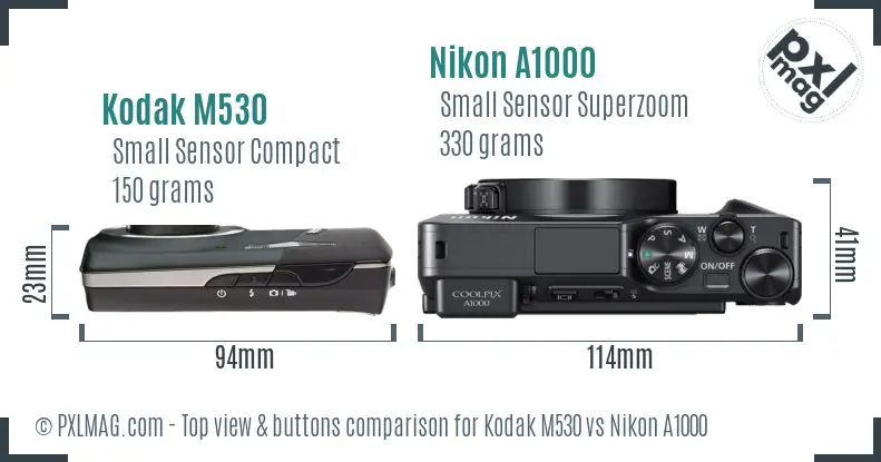Kodak M530 vs Nikon A1000 top view buttons comparison