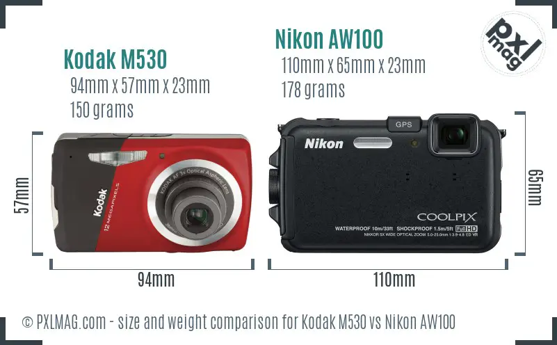 Kodak M530 vs Nikon AW100 size comparison