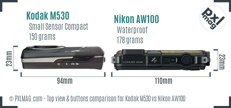 Kodak M530 vs Nikon AW100 top view buttons comparison