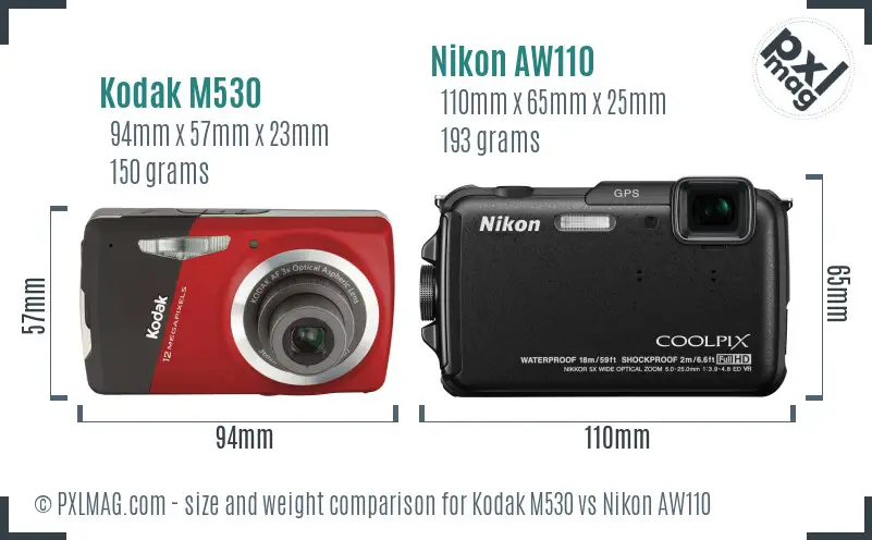 Kodak M530 vs Nikon AW110 size comparison