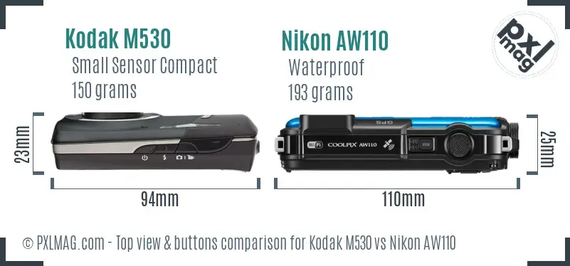 Kodak M530 vs Nikon AW110 top view buttons comparison