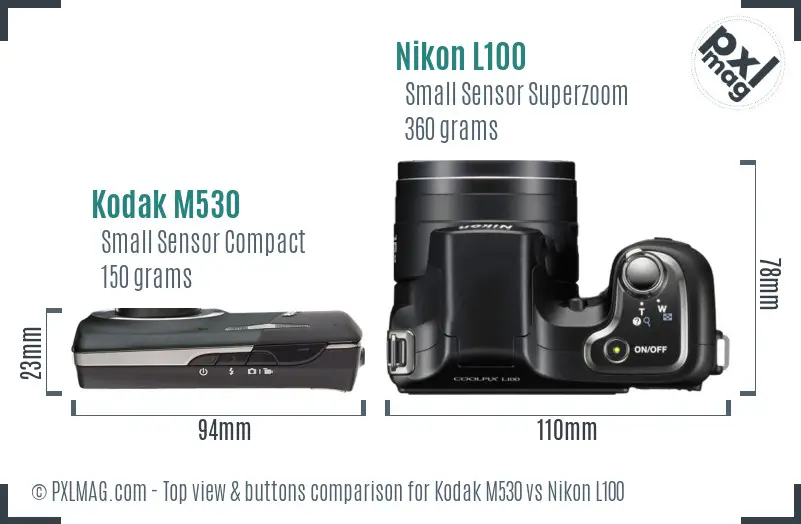 Kodak M530 vs Nikon L100 top view buttons comparison