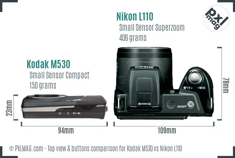 Kodak M530 vs Nikon L110 top view buttons comparison