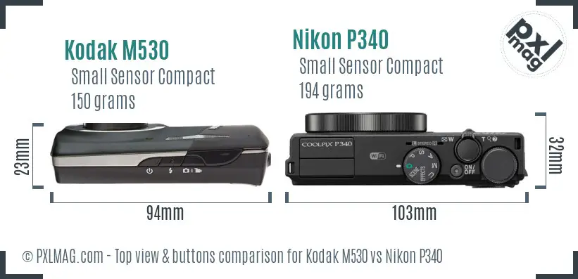 Kodak M530 vs Nikon P340 top view buttons comparison Kodak M530 vs Nikon P340 top view buttons comparison