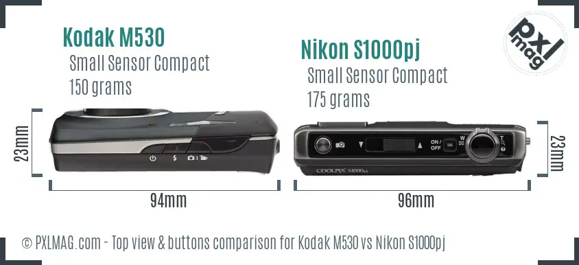 Kodak M530 vs Nikon S1000pj top view buttons comparison