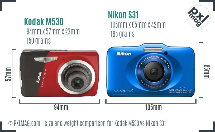 Kodak M530 vs Nikon S31 size comparison