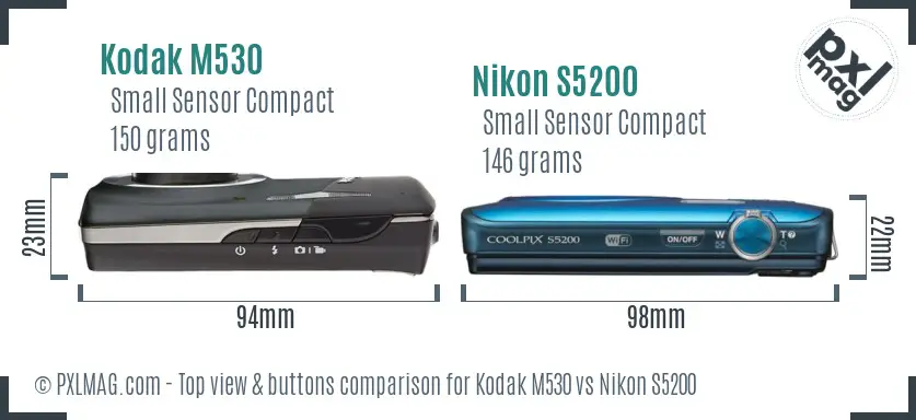 Kodak M530 vs Nikon S5200 top view buttons comparison