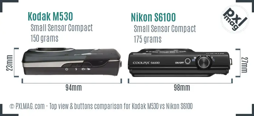 Kodak M530 vs Nikon S6100 top view buttons comparison Kodak M530 vs Nikon S6100 top view buttons comparison