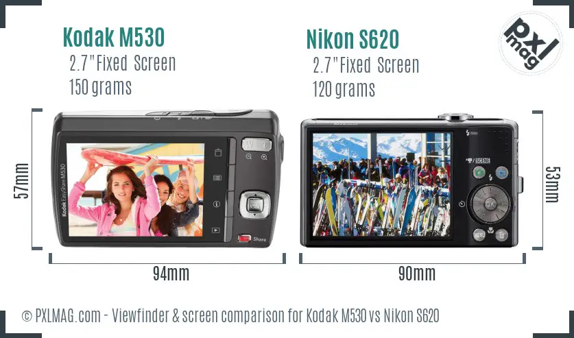 Kodak M530 vs Nikon S620 Screen and Viewfinder comparison