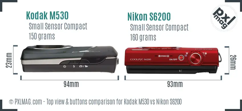 Kodak M530 vs Nikon S6200 top view buttons comparison