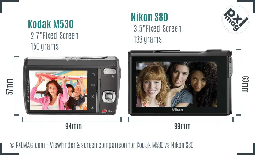 Kodak M530 vs Nikon S80 Screen and Viewfinder comparison
