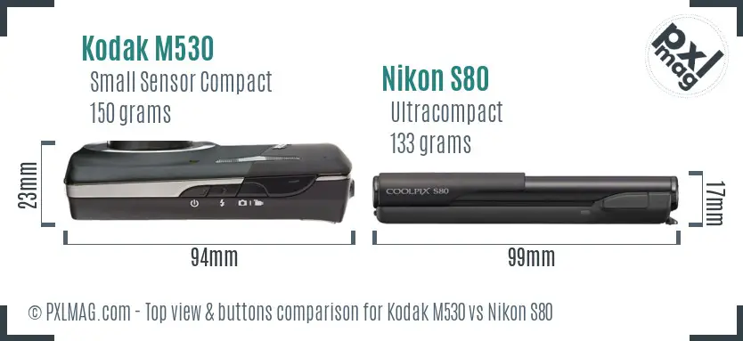 Kodak M530 vs Nikon S80 top view buttons comparison