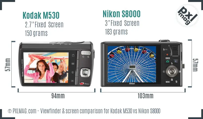 Kodak M530 vs Nikon S8000 Screen and Viewfinder comparison