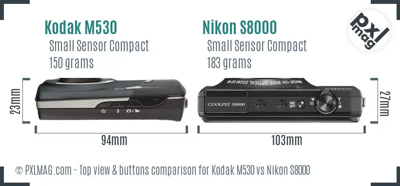 Kodak M530 vs Nikon S8000 top view buttons comparison
