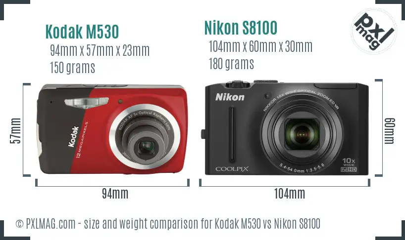 Kodak M530 vs Nikon S8100 size comparison