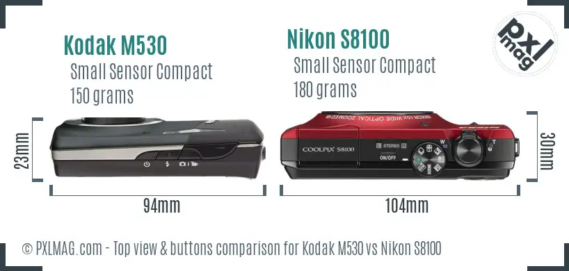 Kodak M530 vs Nikon S8100 top view buttons comparison